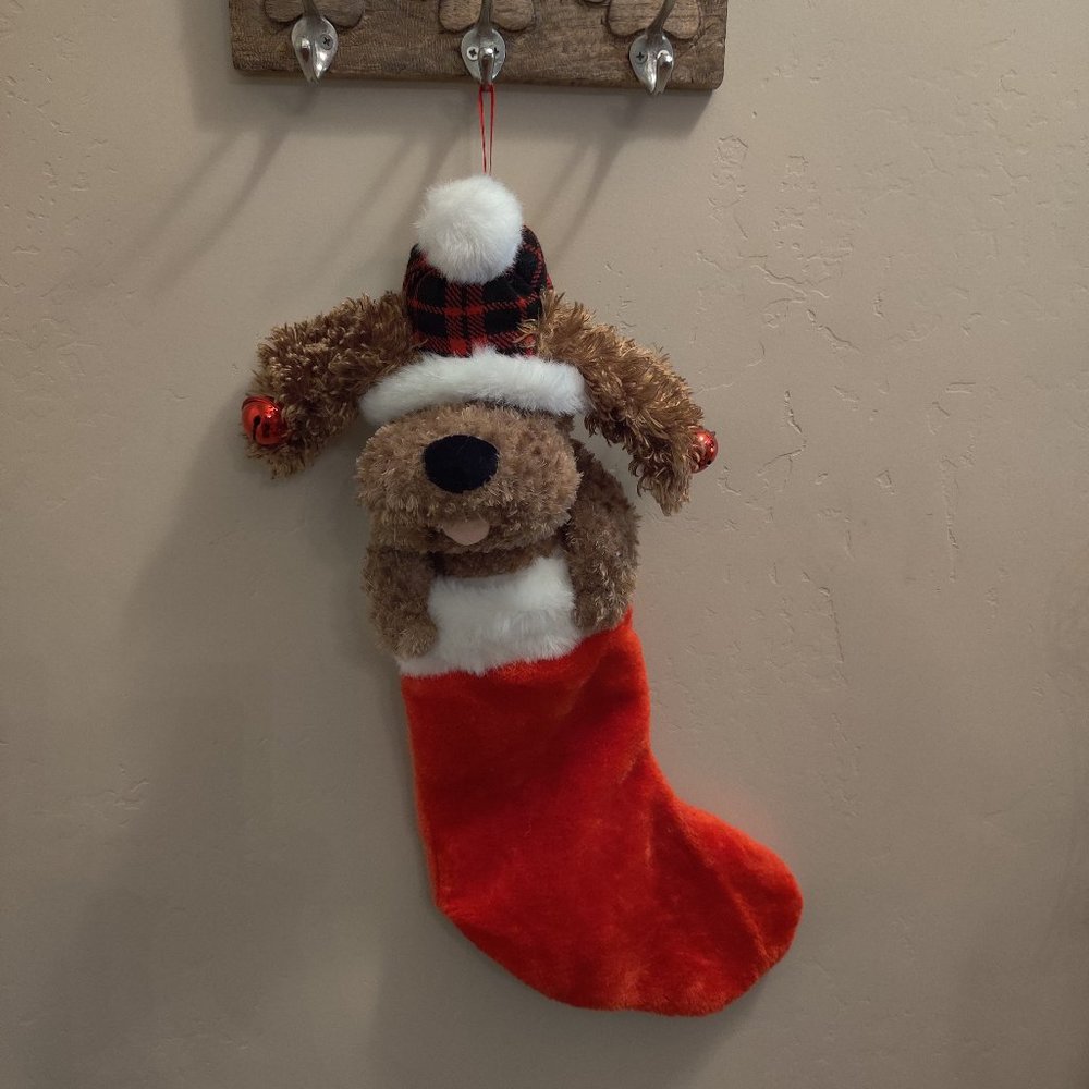Cute animated dog christmas stocking - sings & jingles ears!